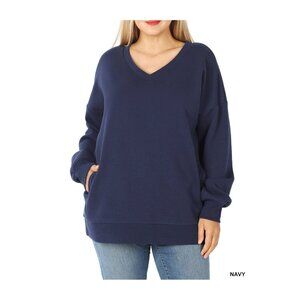 Zenana Oversized V Neck Long Sleeve Sweatshirt with Pockets Sz XL Womens Navy Bl